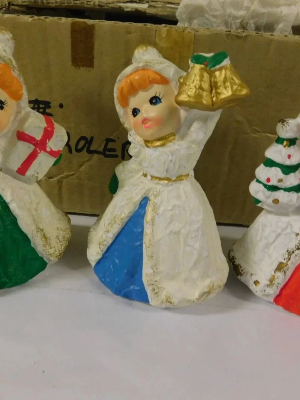 Vintage Paper Mache Angels Set of Angels Holding Tree , Present , Bells